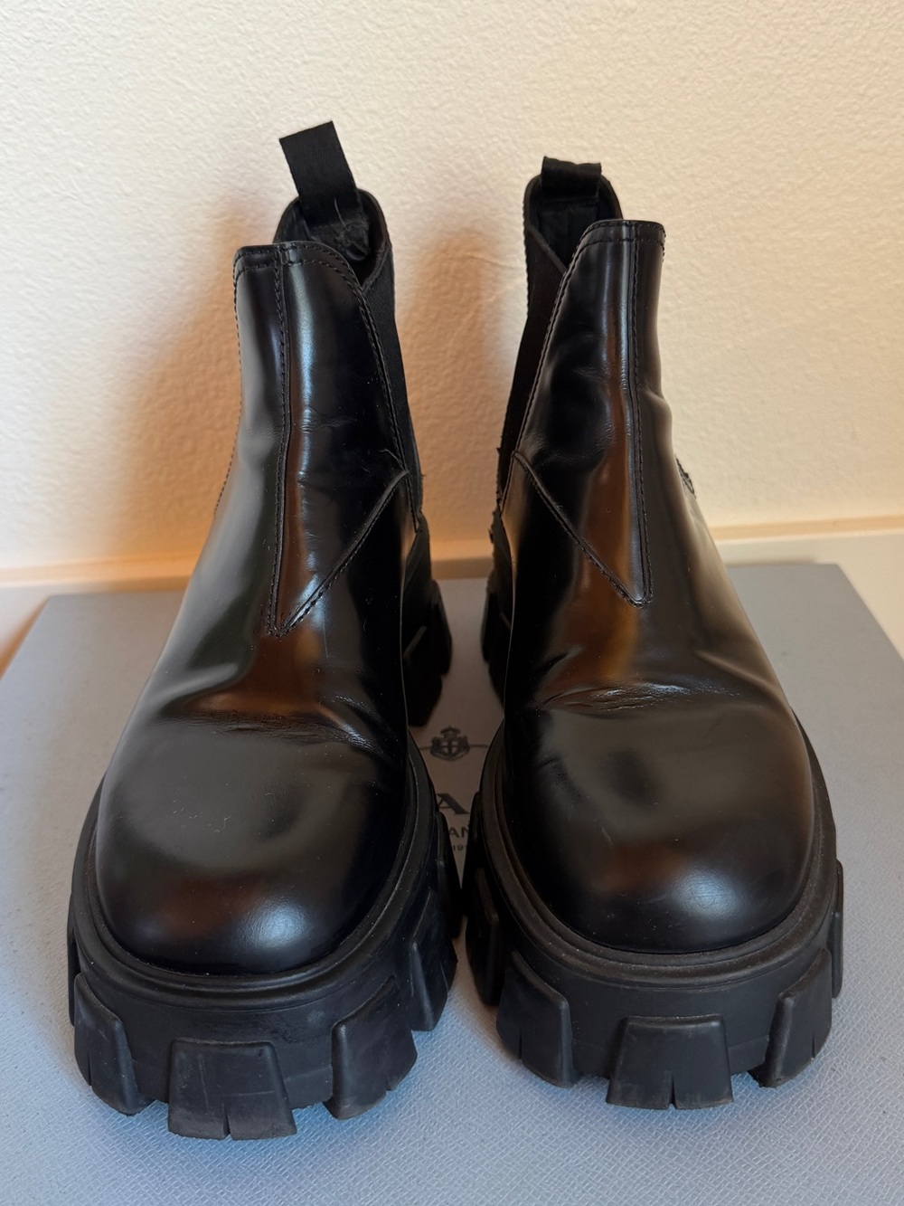 Prada Black Leather Women's Lug-sole Chunky Chelsea ankle Booties size 8 (38)